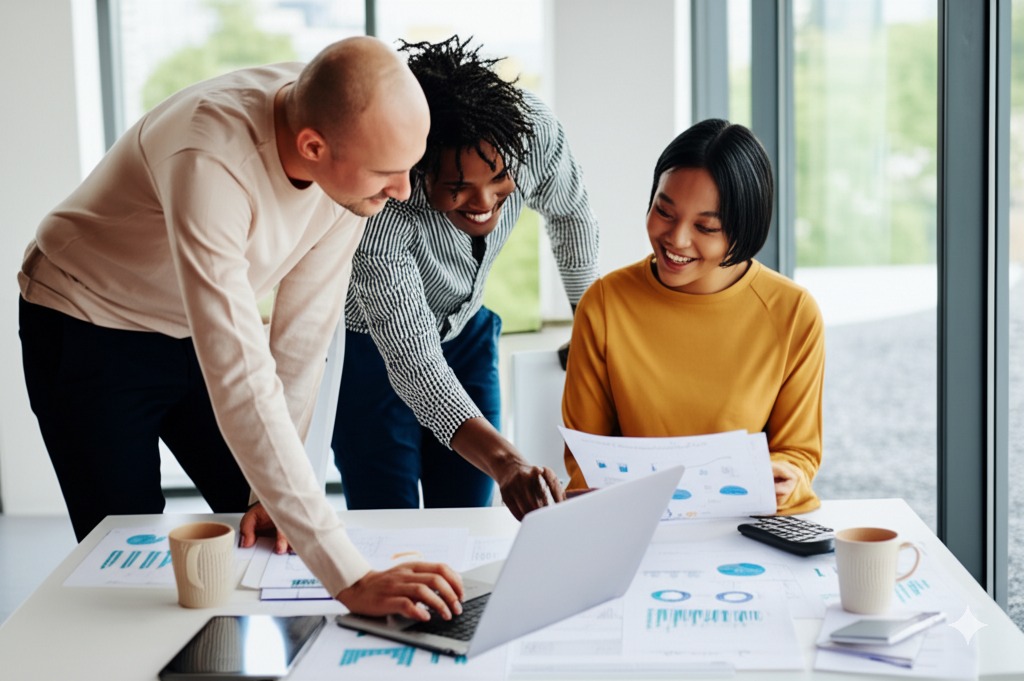 Echipă analizând date financiare